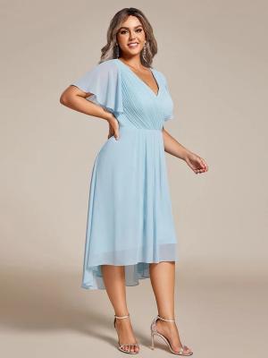 China Empire Plus Size V-neck High-low A-line Short Sleeve Ruffled Sky Blue Chiffon Wedding Guest Bridesmaid Dress for sale