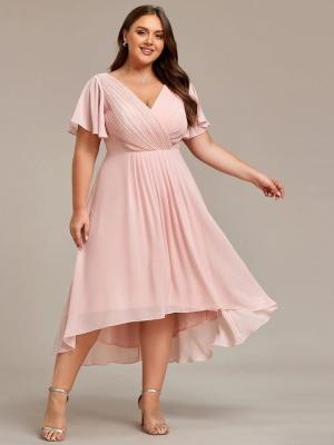 China Empire Plus Size V-neck High-low A-line Short Sleeve Ruffled Pink Chiffon Wedding Guest Party Dress for sale