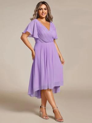 China Empire Plus Size V-neck High-low A-line Short Sleeve Ruffled Lavender Chiffon Wedding Guest Party Dress for sale