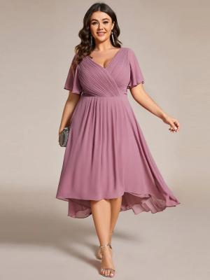 China Empire Plus Size V-neck High-low A-line Short Sleeve Ruffled Purple Orchid Chiffon Wedding Guest Graduation Dress for sale