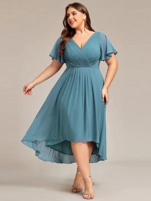 China Empire Plus Size V-neck High-low A-line Short Sleeve Ruffled Dusty Blue Chiffon Wedding Guest Cocktail Dress for sale