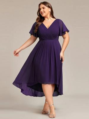 China Empire Plus Size V-neck High-low A-line Short Sleeve Ruffled Dark Purple Chiffon Wedding Guest Homecoming Dress for sale