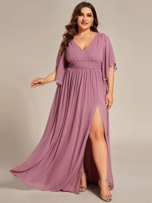 China Plus Size A-line Half Sleeves V-neck Ruffled High Slit Purple Orchid Chiffon Evening Dress for sale