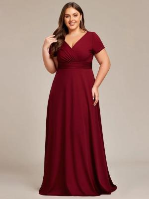 China Simple Plus Size V-neck Empire Waist A-line Short Sleeve Zipper Burgundy Chiffon Evening Dress for sale