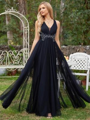 China Sexy Empire Beaded Sleeveless V-neck Ruffled Spaghetti Strap A-line Black Tulle Prom Dress for sale