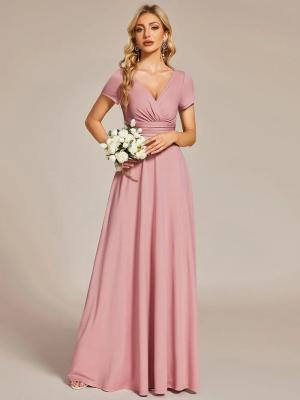 China Sexy Custom Size V-neck Simple Pleated Empire Waist A-line Short Sleeve Dusty Rose Satin Evening Dress for sale