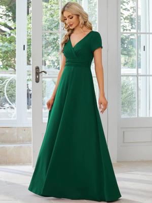 China Sexy Custom Size V-neck Simple Pleated Empire Waist A-line Short Sleeve Dark Green Satin Homecoming Dress for sale