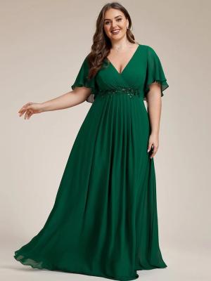 China Empire Plus Size Applique Short Sleeve A-line V-neck Flutter Sleeves Invisible Zipper Dark Green Chiffon Bridesmaid Dres for sale