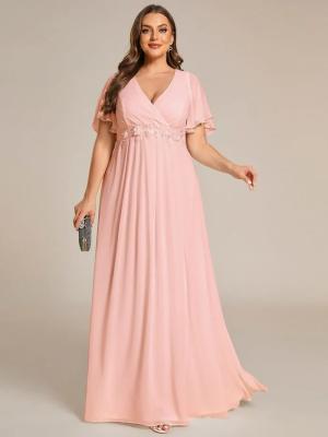 China Empire Plus Size Applique Short Sleeve A-line V-neck Flutter Sleeves Invisible Zipper Pink Chiffon Party Dress for sale