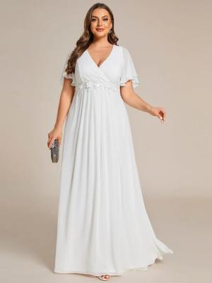 China Empire Plus Size Applique Short Sleeve A-line V-neck Flutter Sleeves Invisible Zipper Cream Chiffon Prom Dress for sale