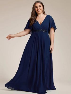 China Sexy Empire Applique A-line Short Flutter Sleeves V-neck Invisible Zipper Navy Blue Chiffon Graduation Dress for sale