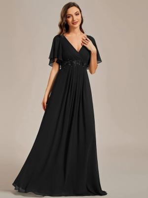 China Sexy Empire Applique A-line Short Flutter Sleeves V-neck Invisible Zipper Black Chiffon Party Dress for sale