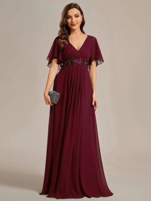 China Sexy Empire Applique A-line Short Flutter Sleeves V-neck Invisible Zipper Burgundy Chiffon Prom Dress for sale