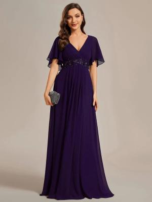 China Sexy Empire Applique A-line Short Flutter Sleeves V-neck Invisible Zipper Dark Purple Chiffon Bridesmaid Dress for sale