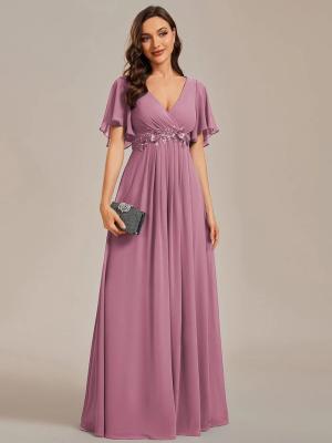 China Sexy Empire Applique A-line Short Flutter Sleeves V-neck Invisible Zipper Purple Orchid Chiffon Bridesmaid Dress for sale