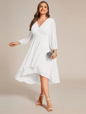 China Elegant Empire Long Sleeve V-neck High Low A-line Ruffled Midi White Chiffon Wedding Guest Graduation Dress for sale