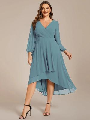 China Elegant Empire Long Sleeve V-neck High Low A-line Ruffled Midi Dusty Chiffon Wedding Guest Blue Graduation Dress for sale