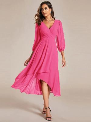 China Elegant Empire Long Sleeve V-neck High Low A-line Ruffled Midi Hot Pink Chiffon Wedding Guest  Party Dress for sale