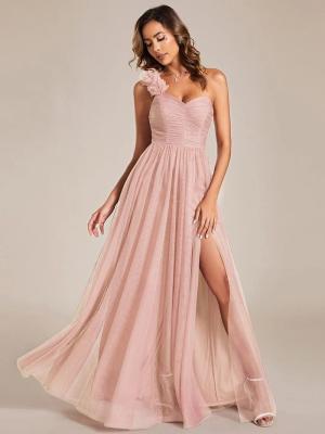 China Elegant One-shoulder Sweetheart Ruffled A-line Zipper Pleated High Slit Tulle Pink Bridesmaid Dress for sale