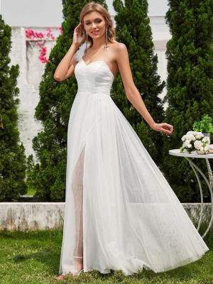 China Exquisite One-shoulder Sweetheart Ruffled A-line Zipper Pleated High Slit White Tulle Bridesmaid Dress for sale