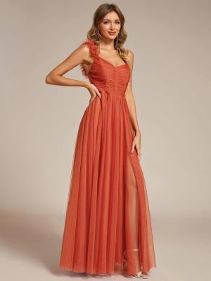 China Exquisite One-shoulder Sweetheart Ruffled A-line Zipper Pleated High Slit Burnt Orange Tulle Evening Dress for sale