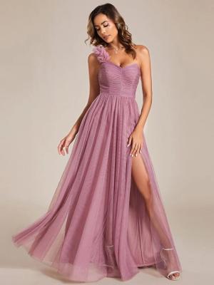 China Exquisite One-shoulder Sweetheart Ruffled A-line Zipper Pleated High Slit Purple Orchid Tulle Evening Dress   for sale