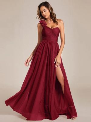 China Exquisite One-shoulder Sweetheart Ruffled A-line Zipper Pleated High Slit Burgundy Tulle Evening Dress  for sale