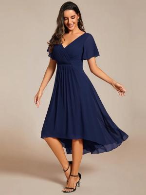 China Chic V-neck High-low Short Flutter Sleeves A-line Ruffles Midi Invisible Zipper Navy Blue Chiffon Bridesmaid Dress for sale