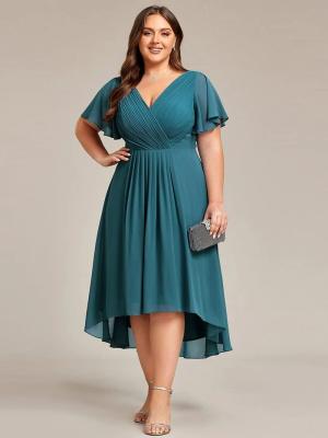 China Chic V-neck High-low Short Flutter Sleeves A-line Ruffles Midi Invisible Zipper Teal Chiffon Wedding Bridesmaid Dress for sale