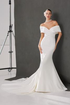 China Sexy Plus Size Court Train Bardot Neckline Off-the-shoulder Sheath Mermaid White Bride Satin Wedding Dress for sale