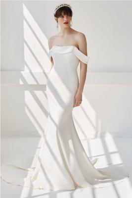 China Luxurious Off-the-shoulder Sleeves Sweep Train Corset Back Sheath White Mermaid Bride Satin Wedding Dress for sale