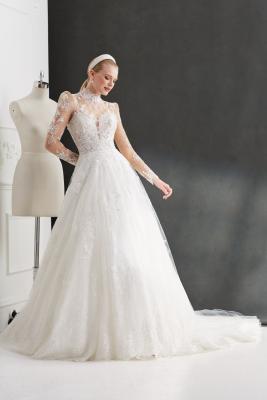 China Unique High Neckline Plus Size Sweep Train Puff Full Length Long Sleeve White Tulle Lace Ball Gown Wedding Dress for sale