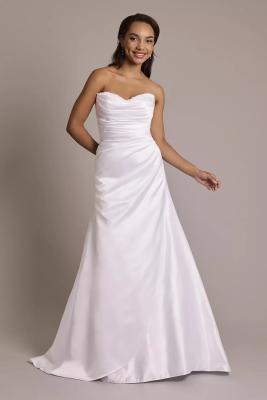 China Modern Beaded Ruffles Sweetheart A-line Lace-up Sweep Train Removable Cap Sleeve White Satin Wedding Dress for sale