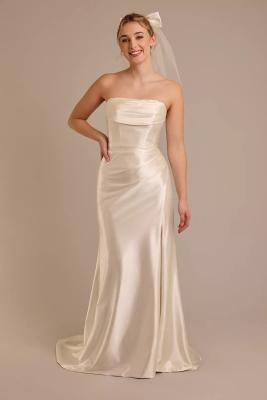 China Strapless Sheath Mermaid Hand-pleated Sweep Train Zipper Removable Off-the-shoulder Split Slit Ivory Satin Wedding Dress for sale