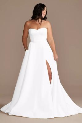 China Stunning Strapless V-neckline Chapel Train A-line Plus Size Zipper High Split Slit White Satin Wedding Dress for sale