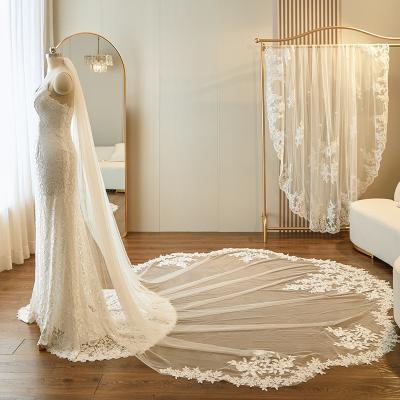 China Unique Customized 3.5m*1.3m Wholesale Long Cathedral Appliqued Lace Sequins Tulle Bridal Wedding Ivory Veil With Hair Co for sale