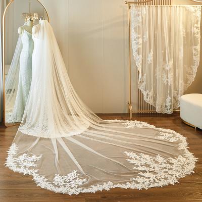 China New Styles Customized Wholesale Cathedral Appliqued Lace Tulle Bridal Wedding White Veil With Hair Comb for sale