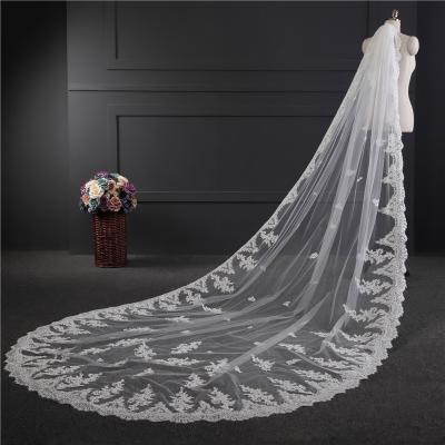 China New Styles Customized Appliqued Lace 3.5m*1.8m Cathedral Tulle Bridal Wedding White Veil With Hair Comb for sale