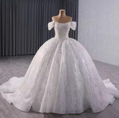 China Shiny Off-the-shoulder Beaded Puffy Empire Ball Gown Court Train White Sequins Wedding Dresses for sale