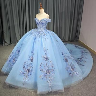 China Glitter Off-the-shoulder V-neck Appliqued Lace Beaded Chapel Train Ball Gown Long Blue Tulle Quinceanera Dress  for sale