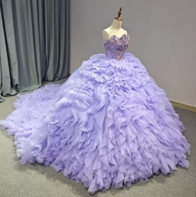 China Beautiful Plus Size Lace-up Ruched Sleeveless Chapel Train Evening Party Gown Lilac Tulle Quinceanera Dress for sale