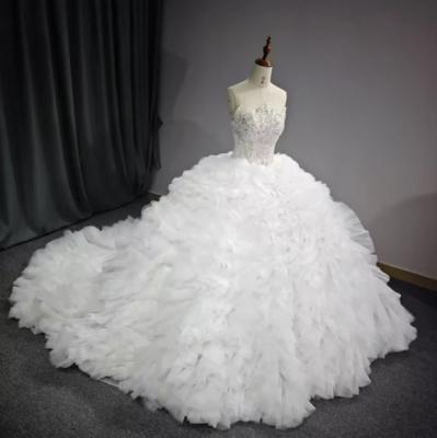 China Princess Sleeveless Puffy Ruffle Plus Size Chapel Train Beaded 15 Girl Ball Gown White Tulle Quinceanera Dress for sale