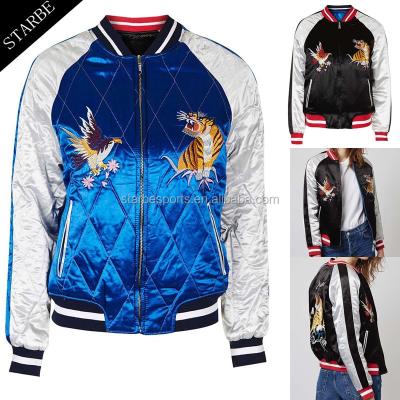 China Embroidery Satin Souvenir Breathable Custom Varsity Jacket, Survival Custom Bomber Jacket, Souvenir Satin Bomber Jacket for sale