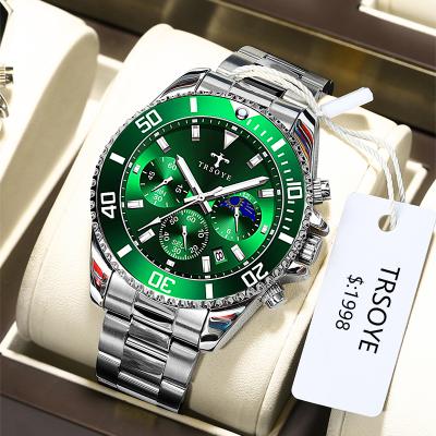 China Fashion Auto Date Green Dial Professional Watch Men's Logo Stainless Steel Luxury Waterproof Custom Quartz Wrist Watches TRS688 for sale