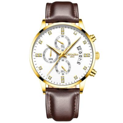 China Promotional Sport Rose Gold Stainless Steel Quartz Automatic Date Reloj Brown Leather Straps Chronograph Watches For Men's Wrist CRNAIRA C099 for sale