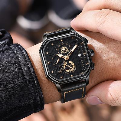 China Wholesale OEM Cool Black Skeleton Mens Chronograph Leather Watch Bands Waterproof Quartz Watch Men Wrist Reloj Mujer TRS6604 for sale