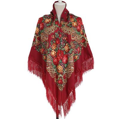 China 160*160cm Winter Wholesale Ladies Tassel Scarves Russian Floral Long Shawls Fashion Printed Cotton Big Square Scarf For Women for sale