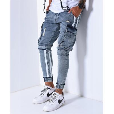 China JS008 Custom Vintage Striped QUICK DRY Jeans Mens Denim Joggers Blue Cargo Pockets Tape Jeans For Men for sale