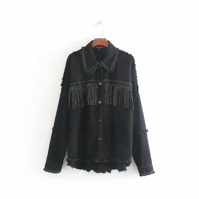 China DS013 Women Viable Fashion Tassel Beaded Oversized Vintage Denim Jacket Coat Women Long Sleeve Fringed Edge Female Outerwear Chic Tops for sale