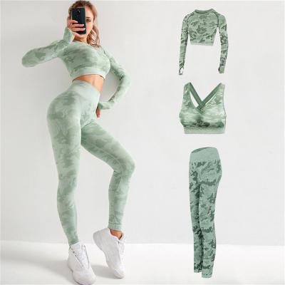 China TT180 Breathable Seamless Activewear Plus Size Fitness Sets Sport Bra+High Waist Leggings+Crop 3PCS Top Camouflage Long Sleeve Workout Set for sale